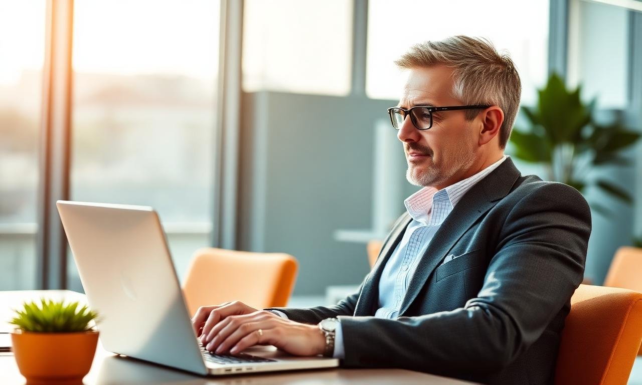 Emprendedor de más de 40 años trabajando con inteligencia artificial en su oficina