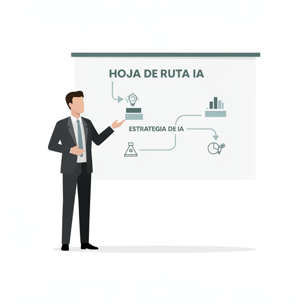 Ejecutivo presentando roadmap de estrategia IA en pizarra corporativa